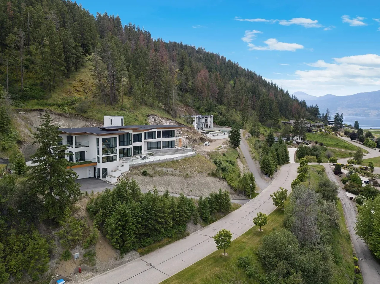 An aerial view of Sunset Boulevard on its hillside lot above the road